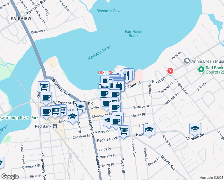 map of restaurants, bars, coffee shops, grocery stores, and more near 11 Wharf Avenue in Red Bank