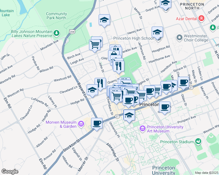 map of restaurants, bars, coffee shops, grocery stores, and more near 24 Quarry Street in Princeton