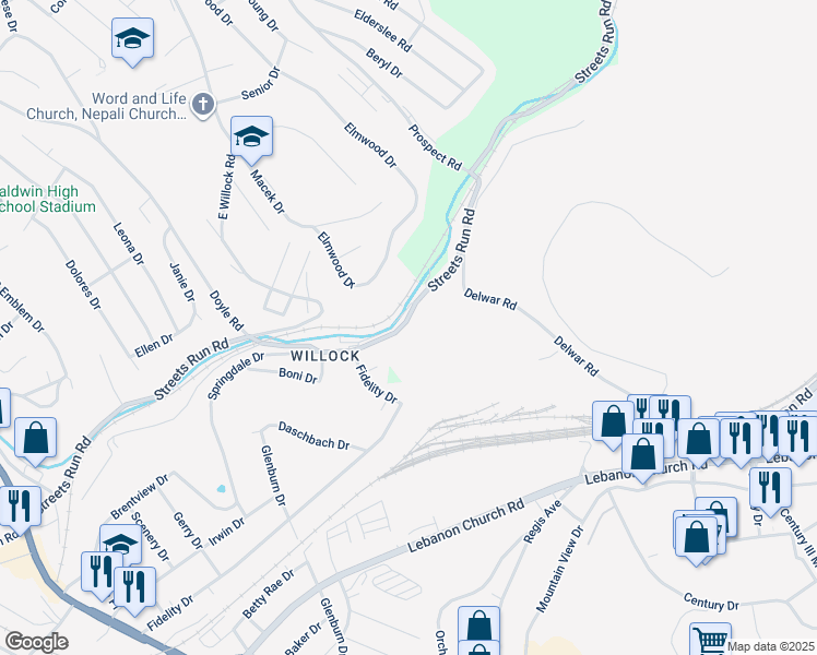map of restaurants, bars, coffee shops, grocery stores, and more near 1338 Streets Run Road in West Mifflin