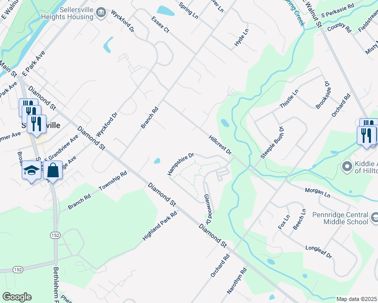 map of restaurants, bars, coffee shops, grocery stores, and more near 186 Hampshire Drive in Sellersville