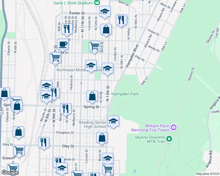 map of restaurants, bars, coffee shops, grocery stores, and more near 1121 North 13th Street in Reading