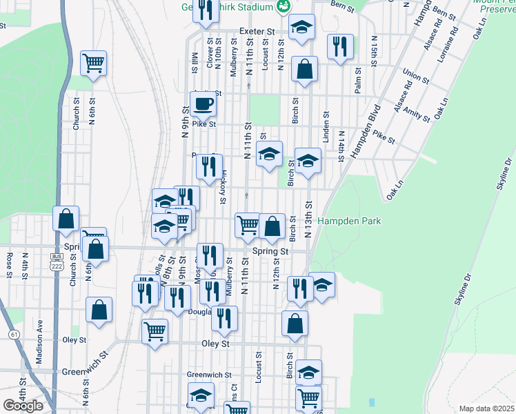 map of restaurants, bars, coffee shops, grocery stores, and more near 1124 Locust Street in Reading