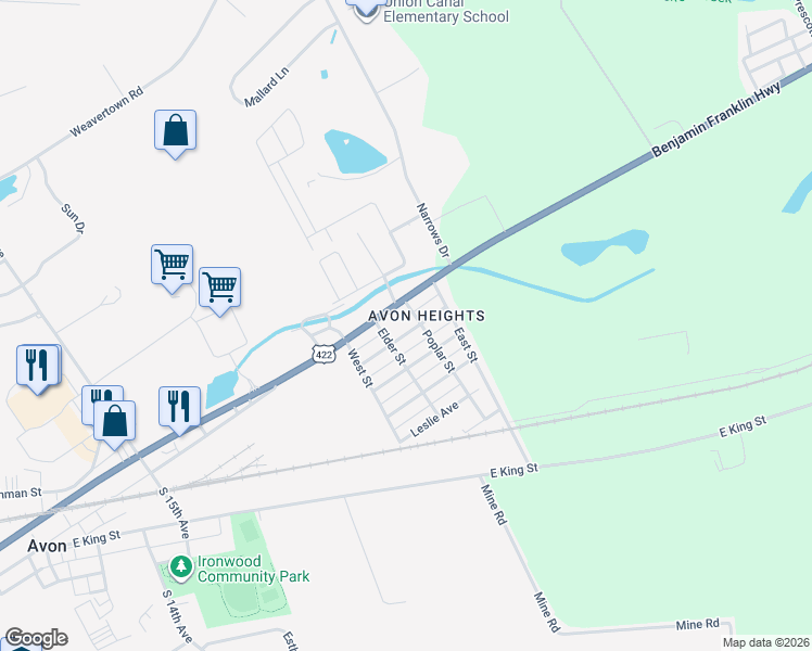 map of restaurants, bars, coffee shops, grocery stores, and more near in Avon
