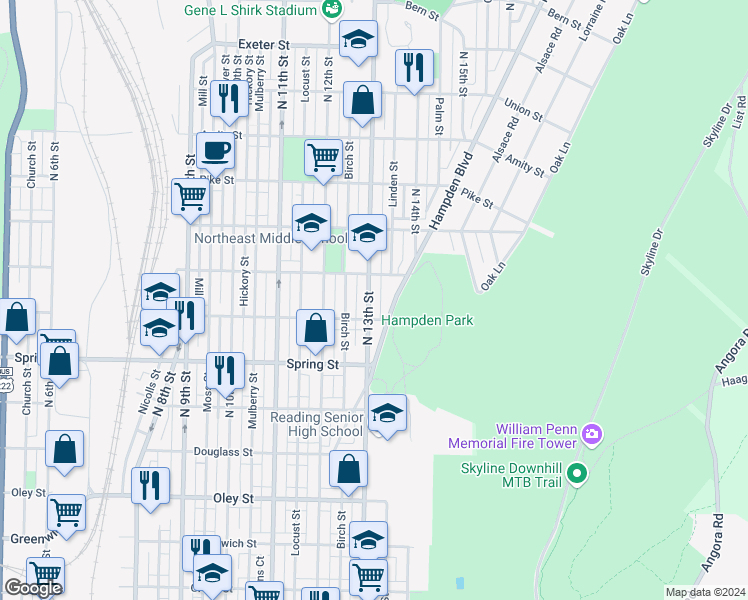 map of restaurants, bars, coffee shops, grocery stores, and more near 1121 North 13th Street in Reading
