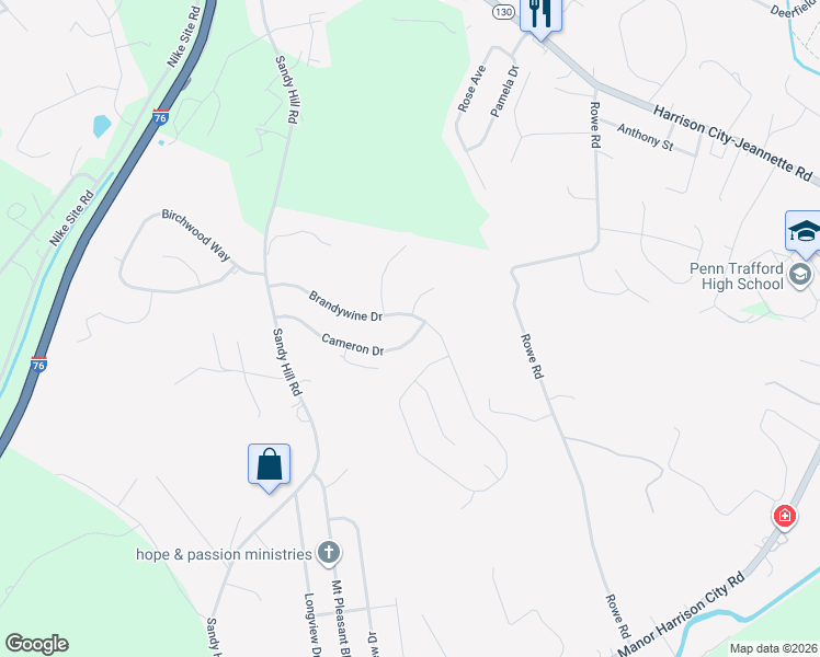 map of restaurants, bars, coffee shops, grocery stores, and more near 377 Brandywine Drive in Irwin