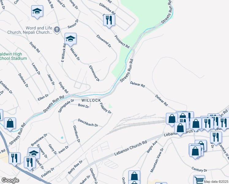 map of restaurants, bars, coffee shops, grocery stores, and more near 1338 Streets Run Road in West Mifflin