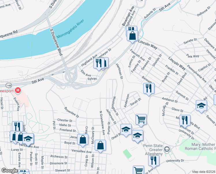 map of restaurants, bars, coffee shops, grocery stores, and more near 804 Woodward Street in McKeesport