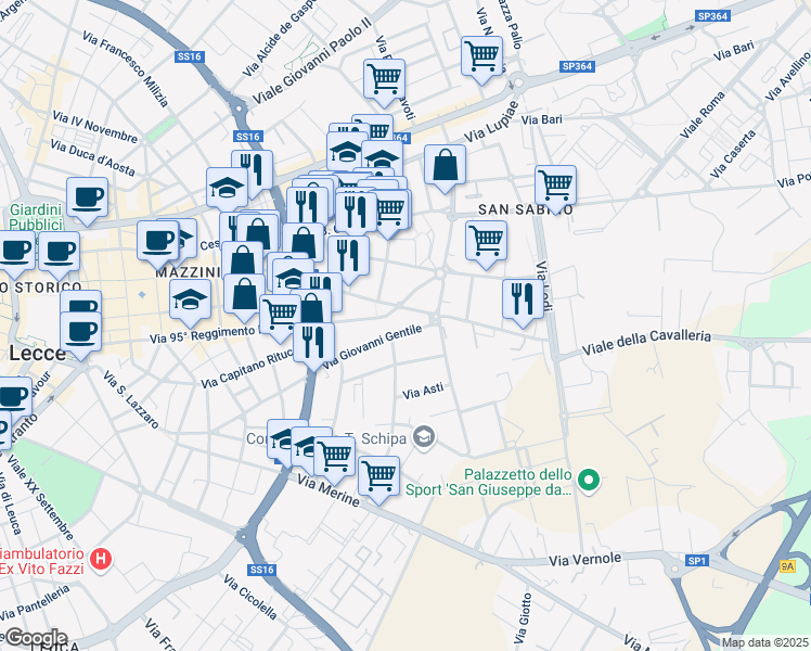 map of restaurants, bars, coffee shops, grocery stores, and more near 30 Via Antonio Gramsci in Lecce