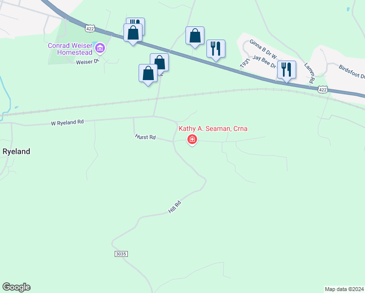 map of restaurants, bars, coffee shops, grocery stores, and more near 2 Whitetail Drive in Robesonia