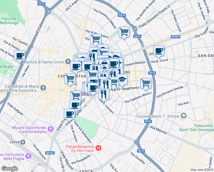 map of restaurants, bars, coffee shops, grocery stores, and more near in Lecce