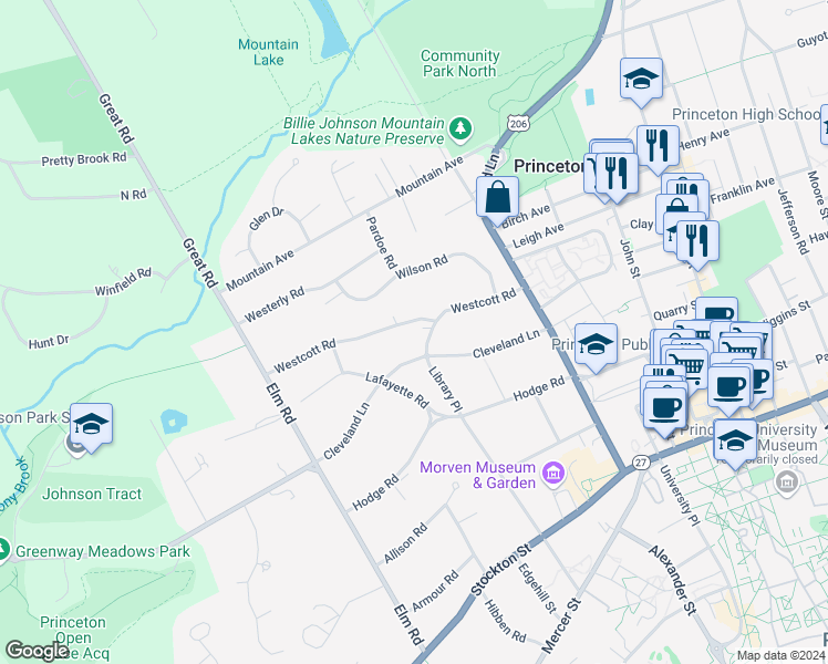 map of restaurants, bars, coffee shops, grocery stores, and more near 240 Library Place in Princeton