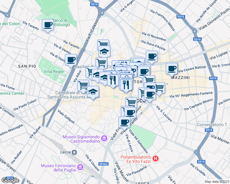 map of restaurants, bars, coffee shops, grocery stores, and more near 30 Via Augusto Imperatore in Lecce