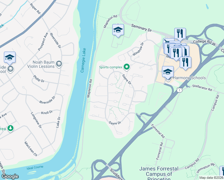 map of restaurants, bars, coffee shops, grocery stores, and more near 257 Sayre Drive in Princeton