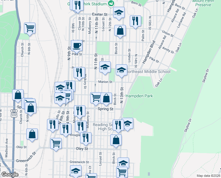 map of restaurants, bars, coffee shops, grocery stores, and more near 1202 Marion Street in Reading