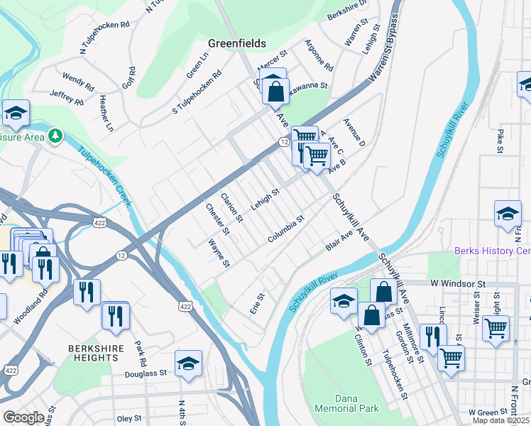 map of restaurants, bars, coffee shops, grocery stores, and more near 1237 Allegheny Avenue in Reading