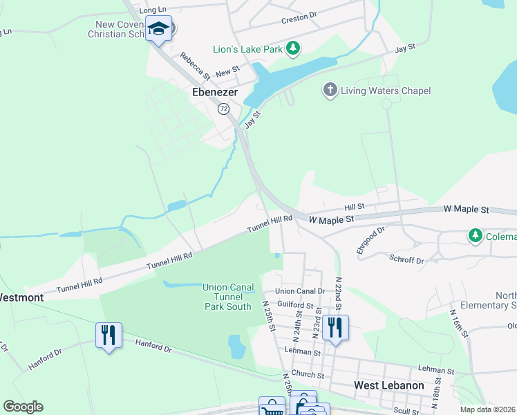 map of restaurants, bars, coffee shops, grocery stores, and more near 33 Old Ebenezer Road in Lebanon