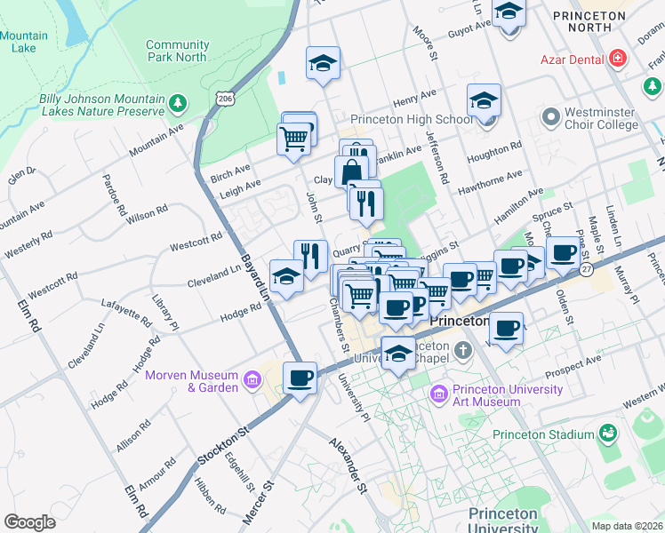 map of restaurants, bars, coffee shops, grocery stores, and more near 124 John Street in Princeton