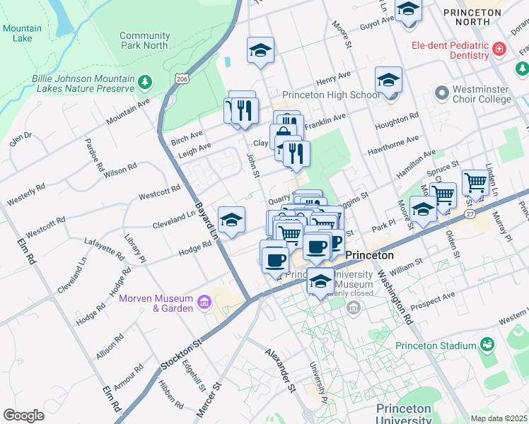 map of restaurants, bars, coffee shops, grocery stores, and more near 150 John Street in Princeton