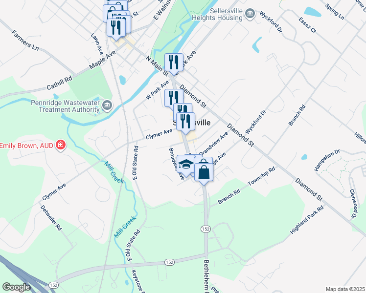 map of restaurants, bars, coffee shops, grocery stores, and more near 382 South Main Street in Sellersville