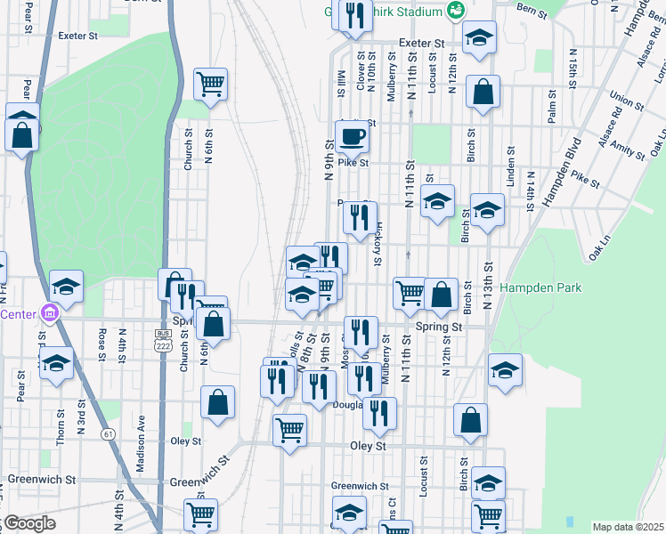 map of restaurants, bars, coffee shops, grocery stores, and more near 1149 North 9th Street in Reading