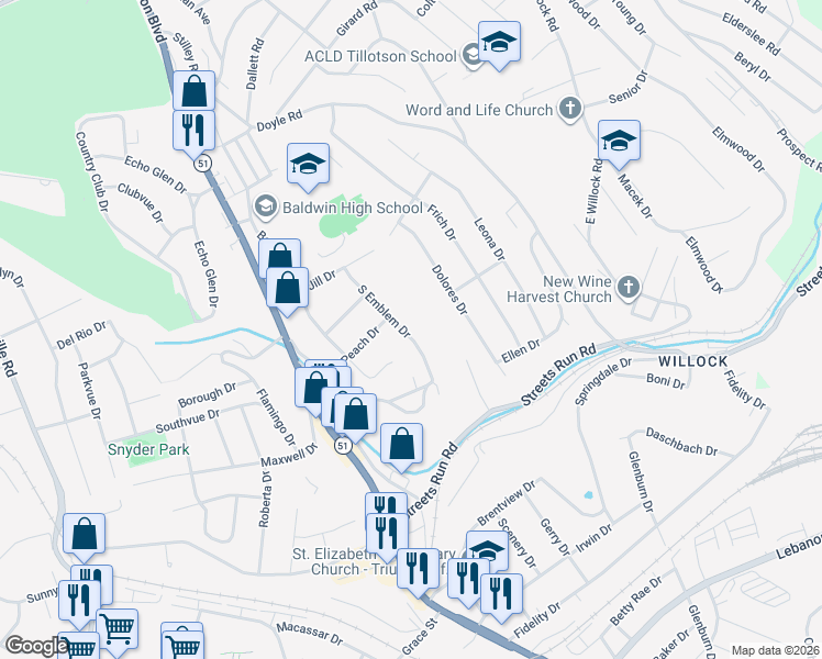 map of restaurants, bars, coffee shops, grocery stores, and more near 4839 South Emblem Drive in Pittsburgh