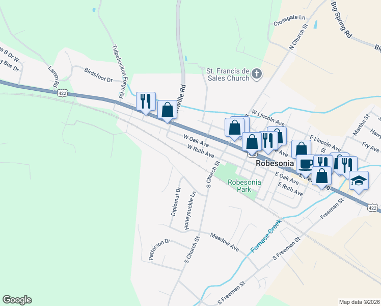 map of restaurants, bars, coffee shops, grocery stores, and more near 331 West Ruth Avenue in Robesonia