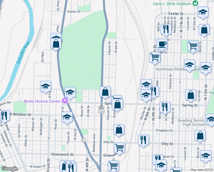 map of restaurants, bars, coffee shops, grocery stores, and more near 1122 Church Street in Reading