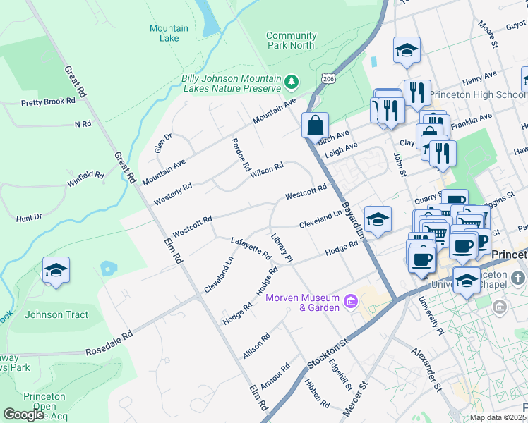 map of restaurants, bars, coffee shops, grocery stores, and more near 240 Library Place in Princeton