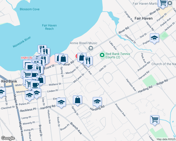 map of restaurants, bars, coffee shops, grocery stores, and more near Prospect Avenue & McLaren Street in Red Bank