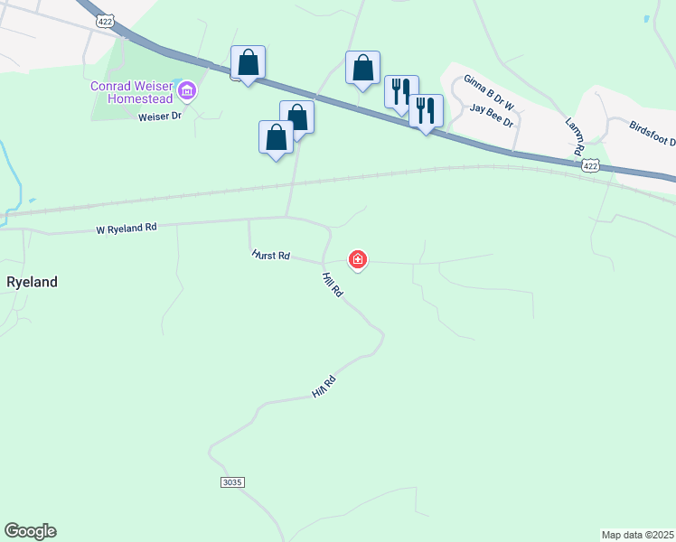 map of restaurants, bars, coffee shops, grocery stores, and more near 2 Whitetail Drive in Robesonia