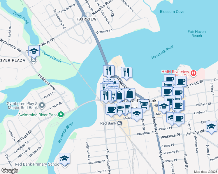 map of restaurants, bars, coffee shops, grocery stores, and more near 54 Bridge Avenue in Red Bank