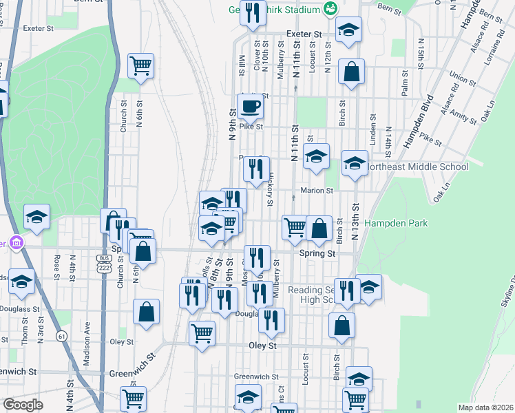 map of restaurants, bars, coffee shops, grocery stores, and more near in Reading