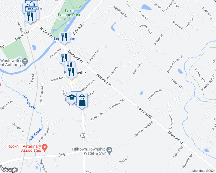 map of restaurants, bars, coffee shops, grocery stores, and more near 11 Nanlyn Avenue in Sellersville