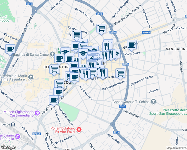 map of restaurants, bars, coffee shops, grocery stores, and more near 57 Piazza Mazzini Giuseppe in Lecce