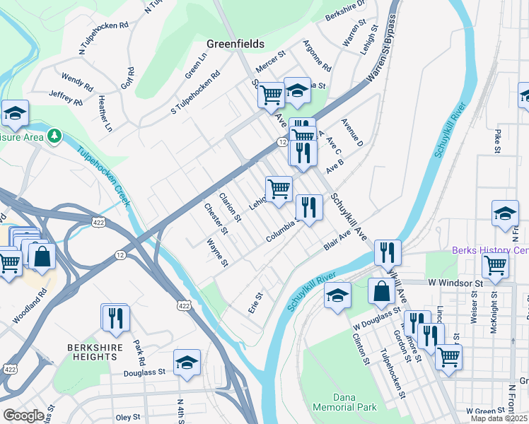 map of restaurants, bars, coffee shops, grocery stores, and more near 1237 Allegheny Avenue in Reading