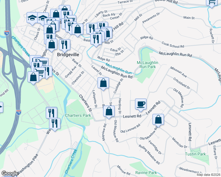 map of restaurants, bars, coffee shops, grocery stores, and more near 1043 Sarah Street in Bridgeville