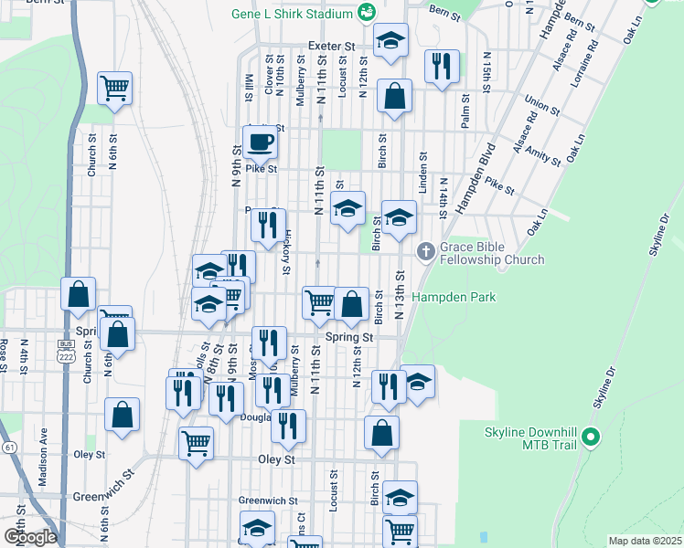map of restaurants, bars, coffee shops, grocery stores, and more near 1131 Locust Street in Reading