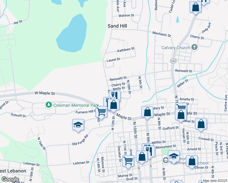 map of restaurants, bars, coffee shops, grocery stores, and more near 1110 Meily Street in Lebanon