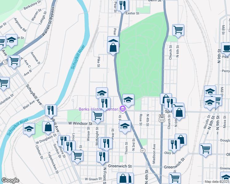 map of restaurants, bars, coffee shops, grocery stores, and more near 1120 Centre Avenue in Reading