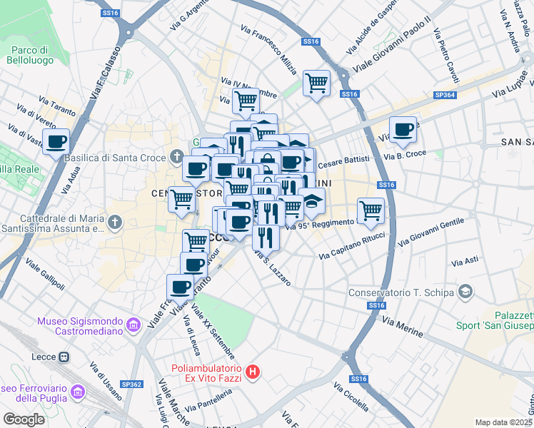 map of restaurants, bars, coffee shops, grocery stores, and more near in Lecce