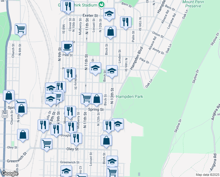 map of restaurants, bars, coffee shops, grocery stores, and more near 1164 North 13th Street in Reading