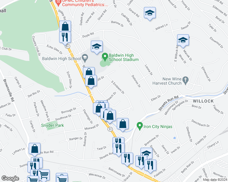 map of restaurants, bars, coffee shops, grocery stores, and more near 213 Peach Drive in Pittsburgh