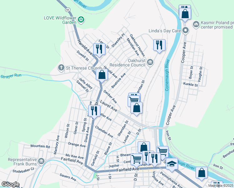 map of restaurants, bars, coffee shops, grocery stores, and more near 401 Grady Place in Johnstown
