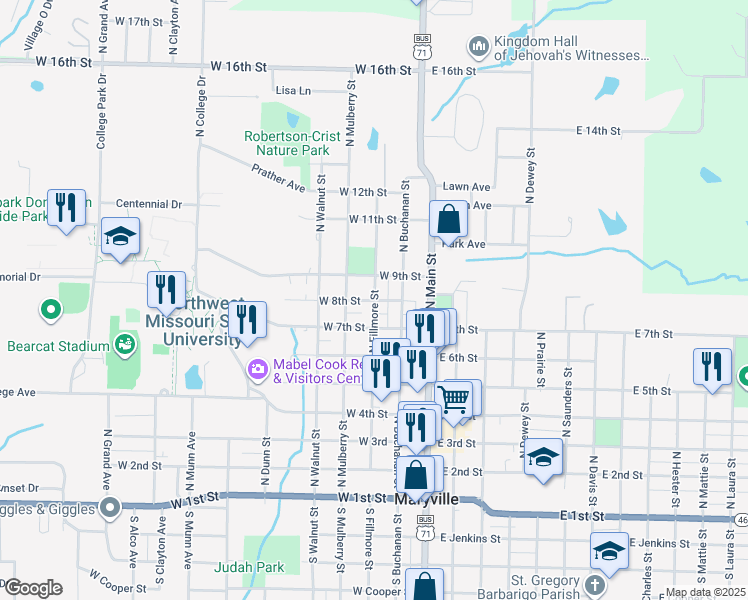 map of restaurants, bars, coffee shops, grocery stores, and more near 801 North Fillmore Street in Maryville