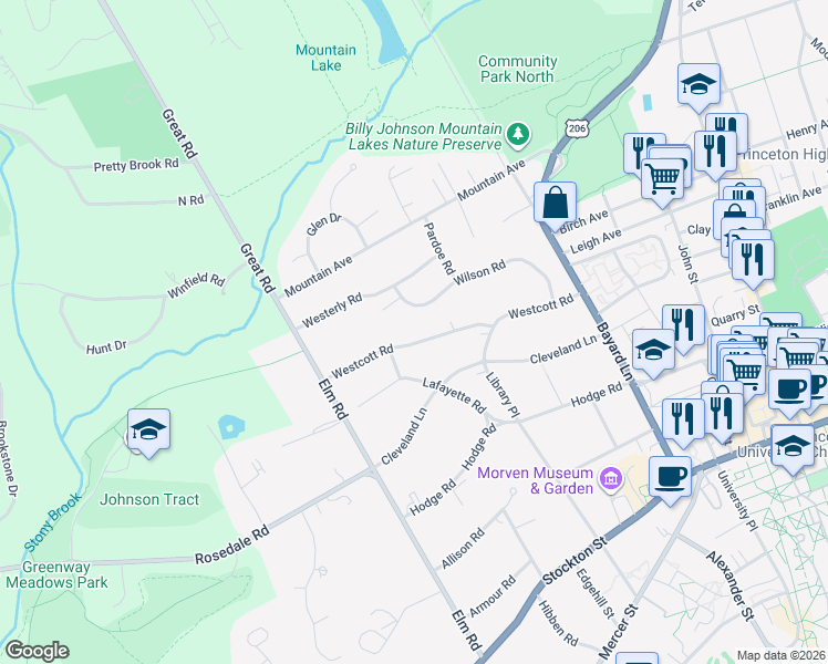 map of restaurants, bars, coffee shops, grocery stores, and more near 146 Wilson Road in Princeton