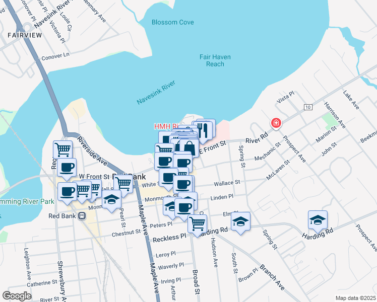 map of restaurants, bars, coffee shops, grocery stores, and more near 11 Wharf Avenue in Red Bank