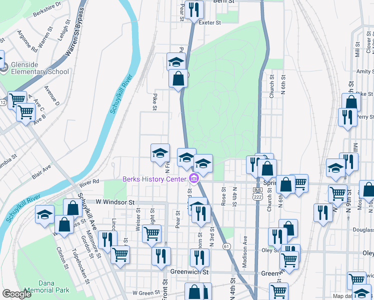 map of restaurants, bars, coffee shops, grocery stores, and more near 1125 Centre Avenue in Reading