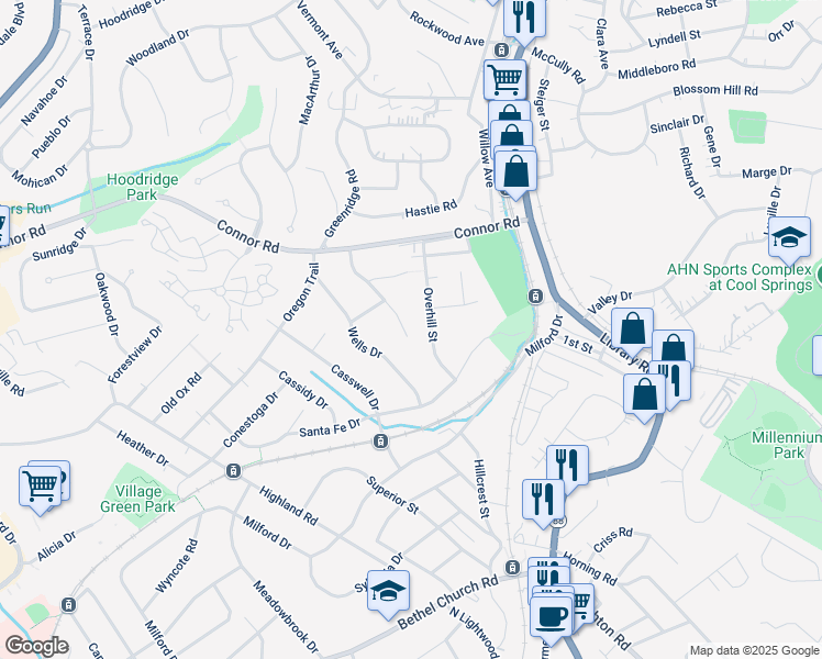 map of restaurants, bars, coffee shops, grocery stores, and more near 4336 Overhill Street in Bethel Park