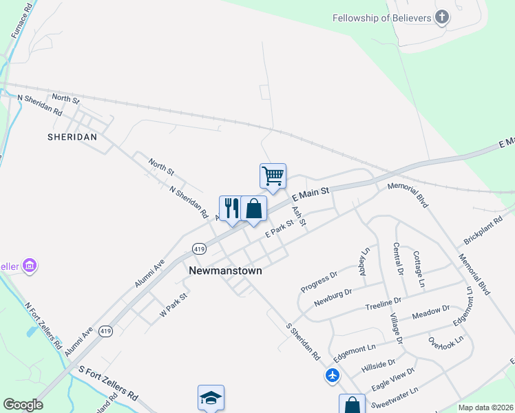map of restaurants, bars, coffee shops, grocery stores, and more near 69 Alumni Avenue in Newmanstown