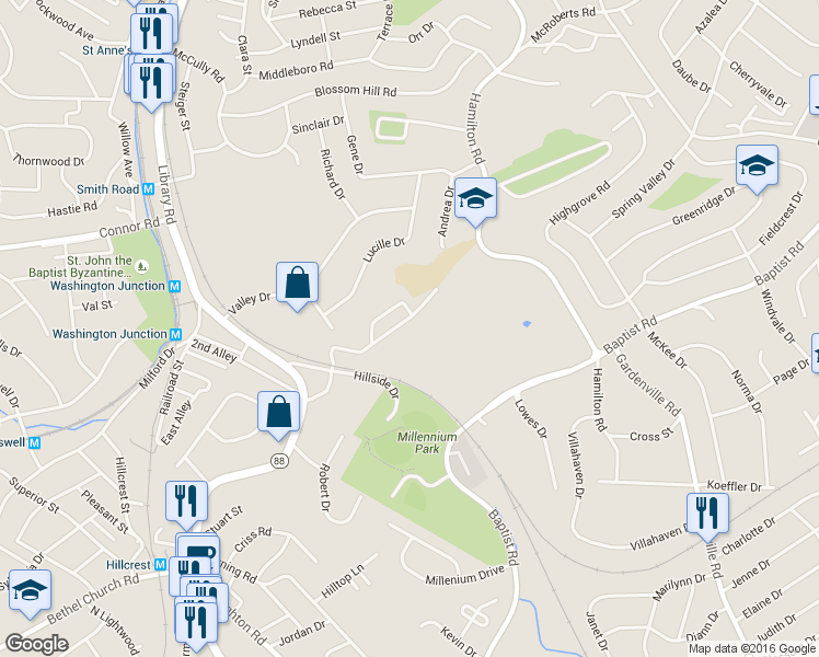 map of restaurants, bars, coffee shops, grocery stores, and more near 3520 Ridgeway Drive in Bethel Park